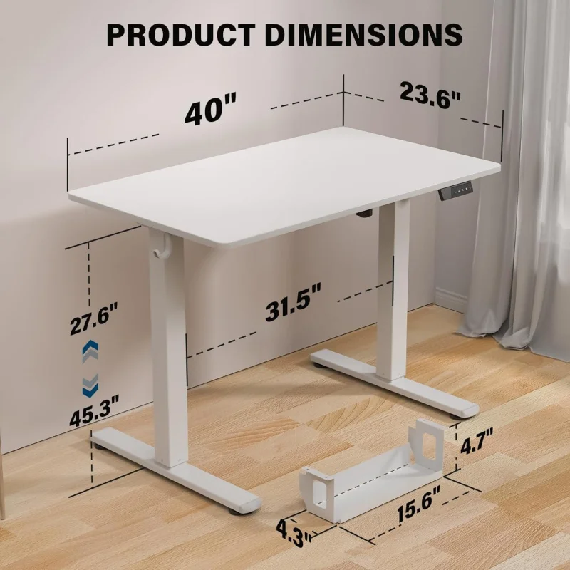 Mesa de pé branca de 40 x 24 polegadas com altura ajustável elétrica - ergonômica para sentar em casa
