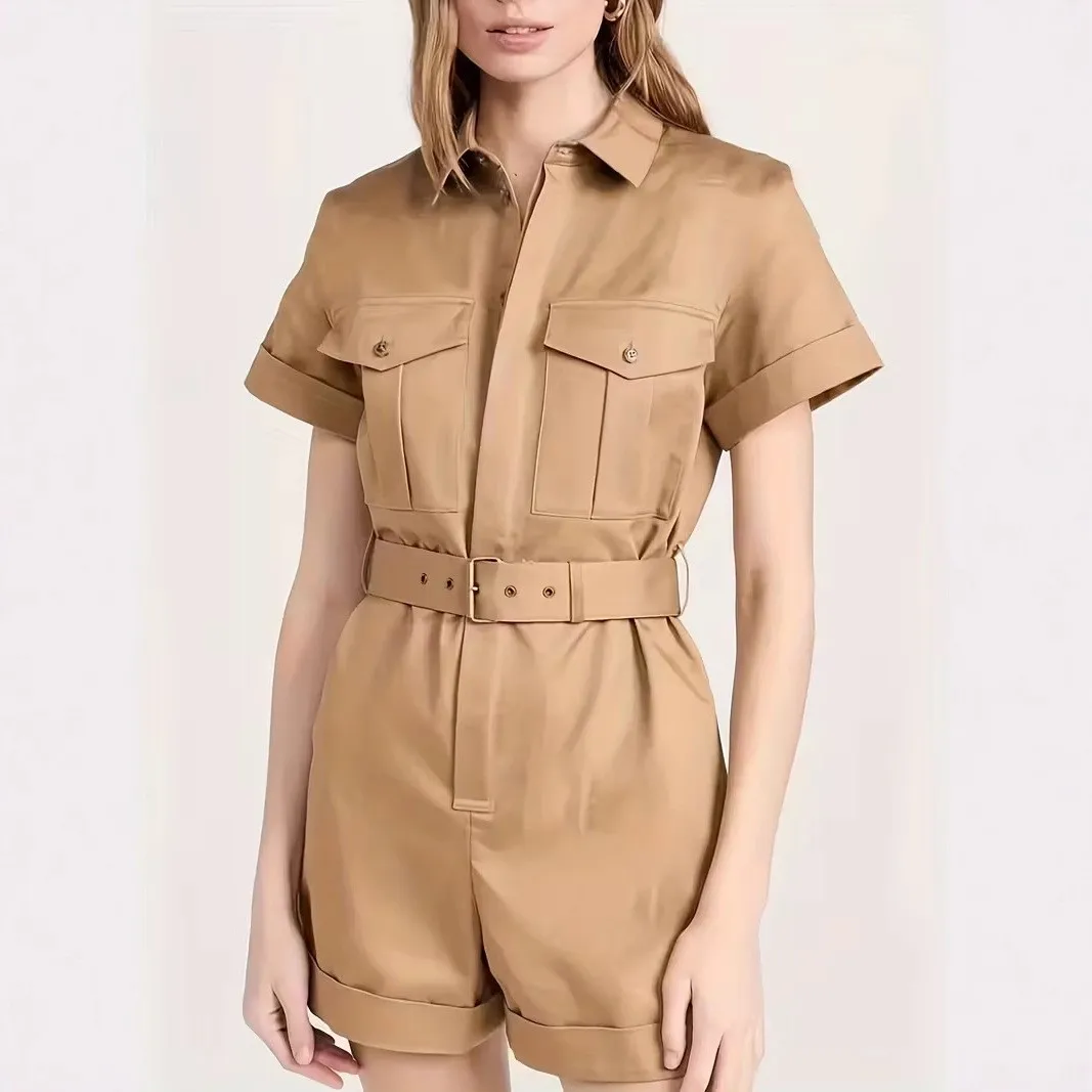 

Vacation Jumpsuit Women Clothes Belted Utility Romper Khaki Wide Leg Loose Waist Short Jumpsuit Button Front Cargo Pockets