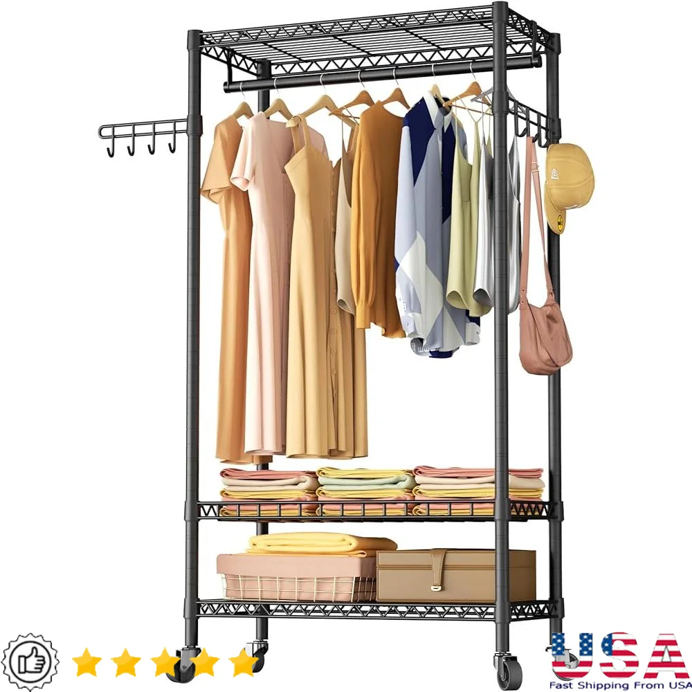 

Heavy Duty Rolling Clothes Rack Adjustable Wire Shelving with Hanger Rod and Side Hooks Bedroom Laundry Room Organization