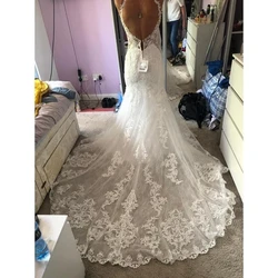 Lace Appliques Tulle Mermaid/Trumpet Wedding Dresses Chapel Train Custom Made Sleeveless Floor-Length Bridal Gowns