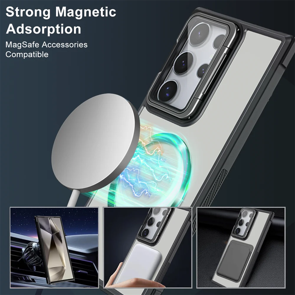 Magnetic Camera Stand Holder Clear Case for Samsung Galaxy S24 Ultra S23 Plus S24 FE S20 S21 Shockproof Hard Acrylic Phone Cover