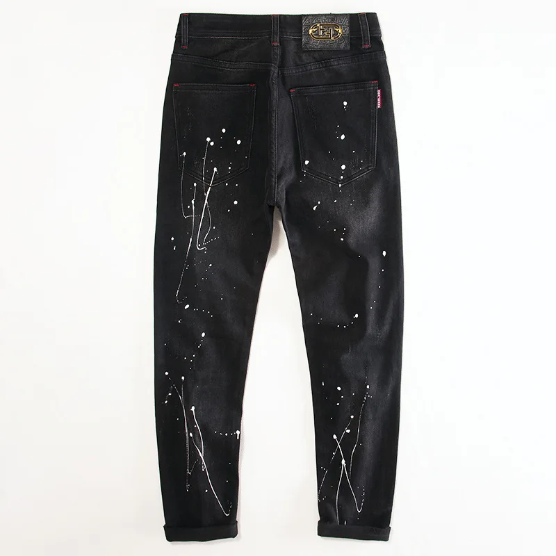 

Ripped Patch Ink Splash Black Jeans for Men Slim Fit Stretch High-End Versatile Trendy High Street Pants