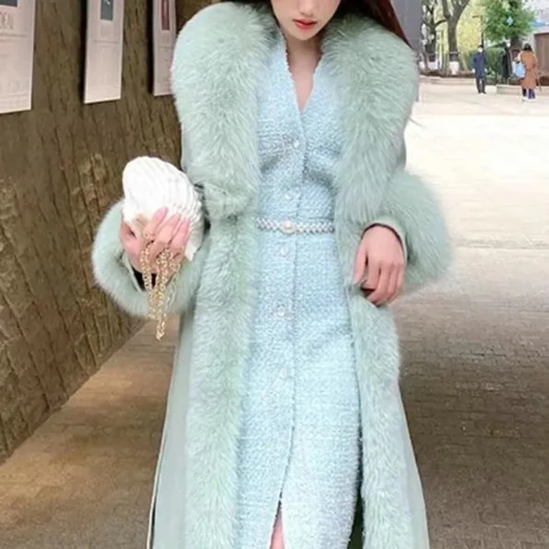 New Cashmere Wool Coat Women\'s Winter Cardigan Fox Fur Collar Long Woolen Jacket Female Fashion Windproof Imitation Fur Outwear