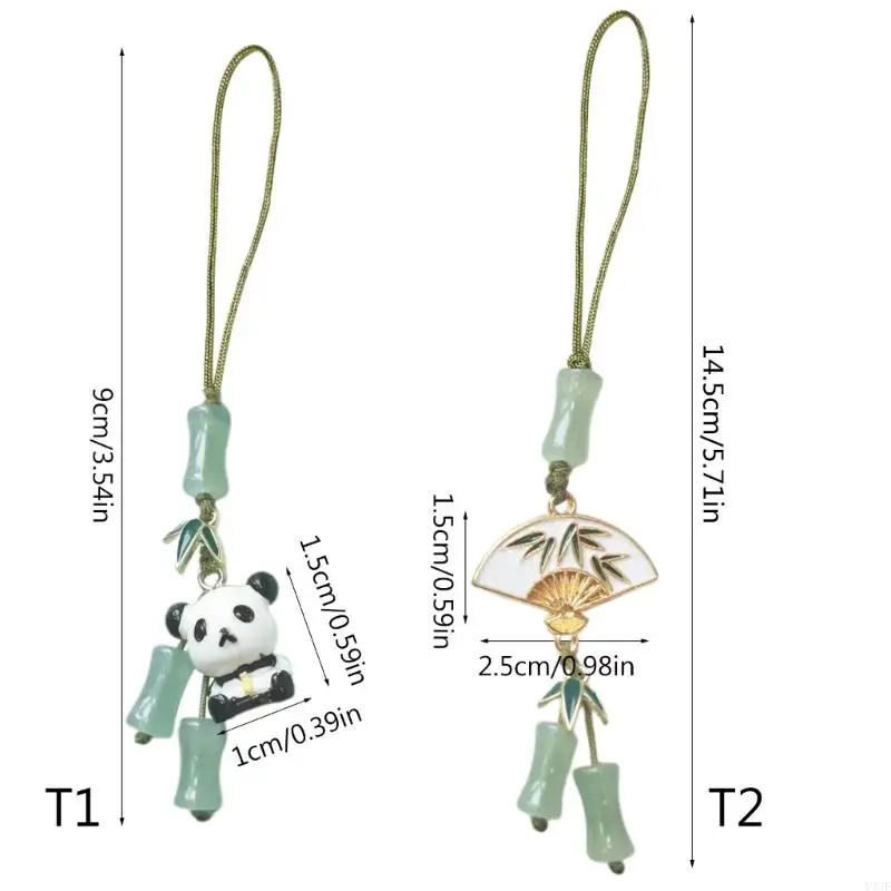 Y4UE Trendy Bamboo Joint Pandas/Fan Phone Charm Unique Fan Shapes Keys Chains Pandas Pendant Lanyard for Phone Cases