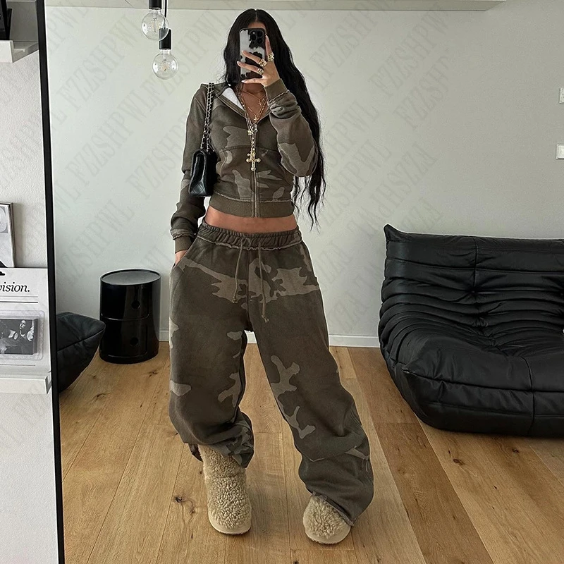 American Y2K Fashion New Harajuku Hip-hop Gothic Retro Women Camouflage Long Sleeve Streetwear Slim Coat+Casual High Street Pant