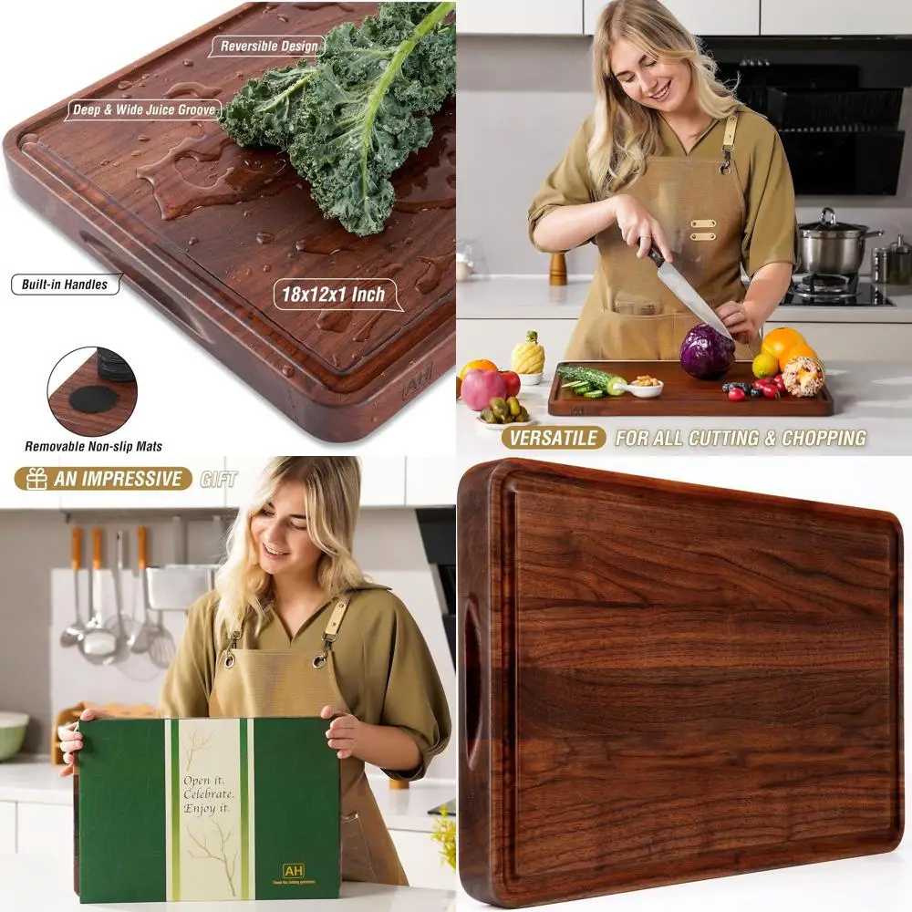 

Large Wooden Chopping Board with Deep Juice Groove, Side Handle, Thick Butcher Block for Kitchen, Meat, Cheese, Gift for Wife, M