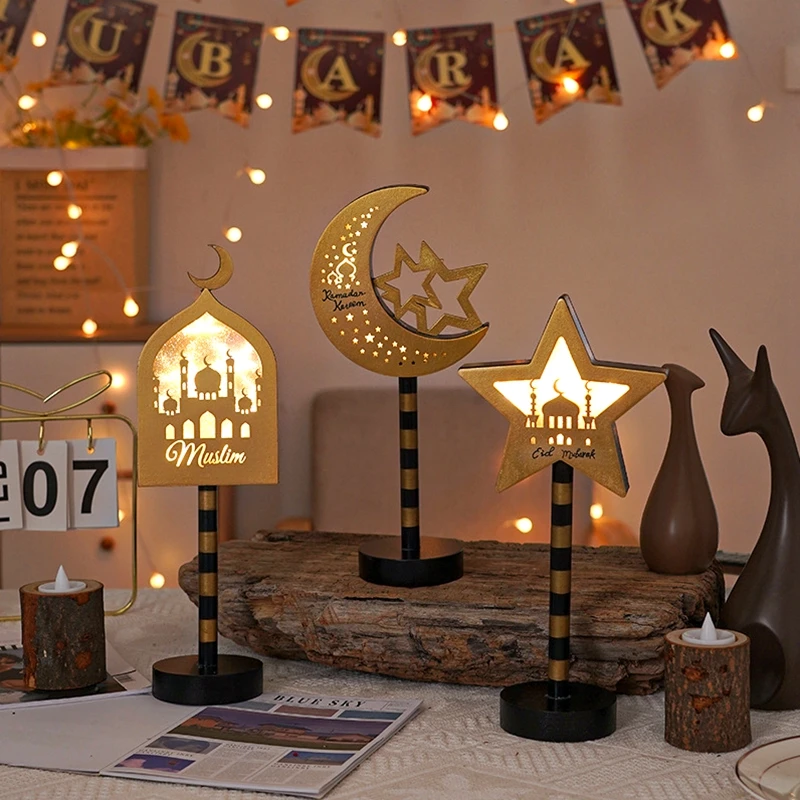 

Ramadan Moon Star Lamp Sign Eid Mubarak Wooden Table Ornament 2025 Islamic Muslim Party Home Decoration LED Light Lantern Gifts