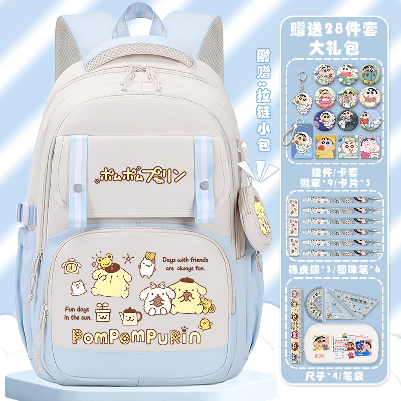 Sanrio Pom Pom Purin Cartoon estudante mochila, mochila leve para meninas, grande capacidade, bonito, novo