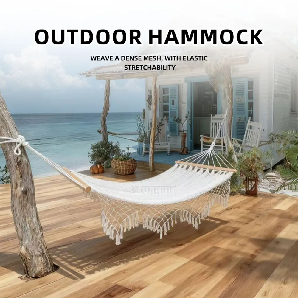 Outdoor Hammock, Cotton Rope Tightly Woven Mesh Swing, Homestay Balcony Home Garden Beech Wood Cradle Net