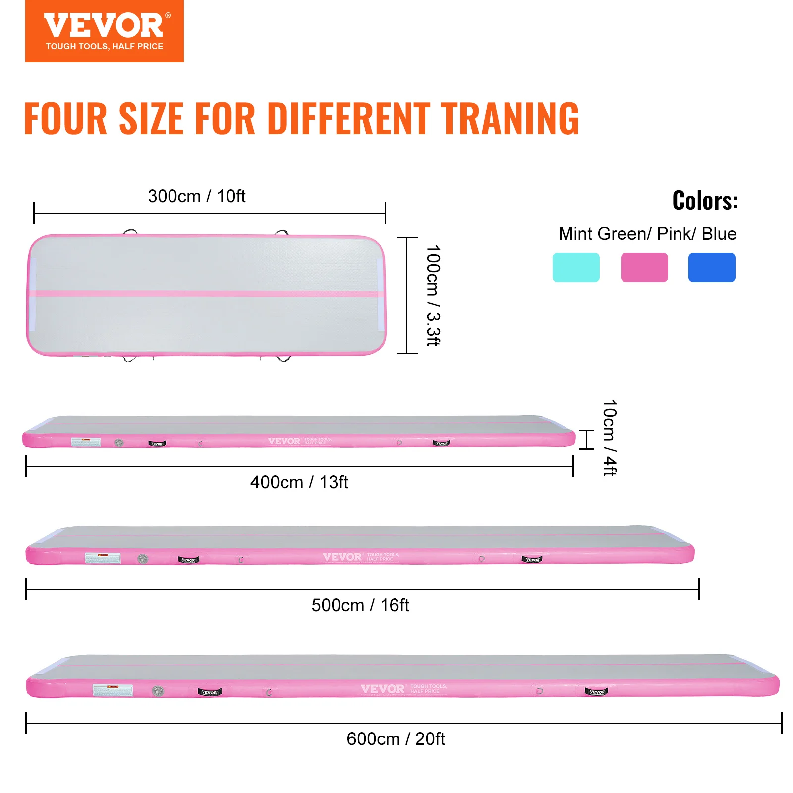 VEVOR Gymnastics Air Mat 4 in Tumble Track with Electric Pump Training Mats for Home Use/Gym/Yoga/Cheerleading/Beach 13 ft Pink