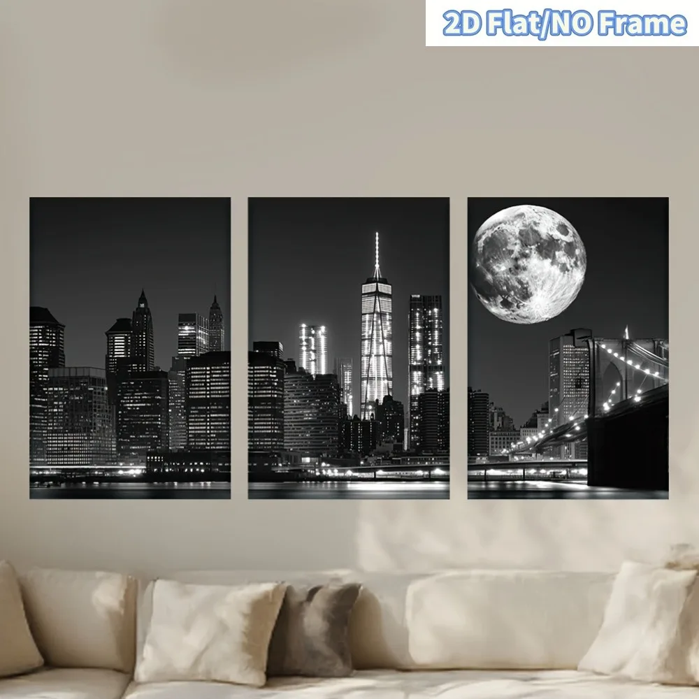 （NoFrame 3pcs）-2D Flat, 2D Flat Frameless 3pcs Set Depicting the Modern Black and White New York Skyline. Perfect for Decorat