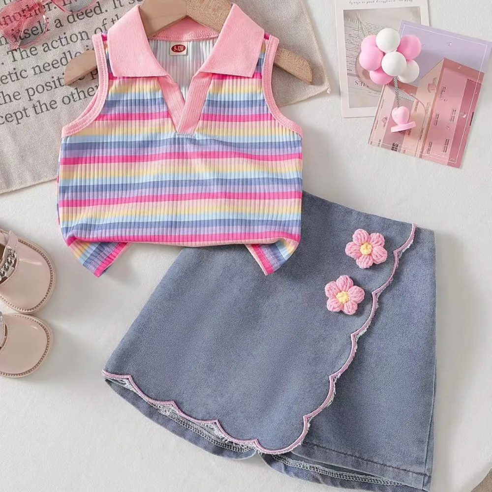 

Модный комплект одежды для девочек: полосатый топ с воротником-лацканом и джинсовые брюки с цветочной вышивкой, комплект для детей от 6 месяцев до 3 лет