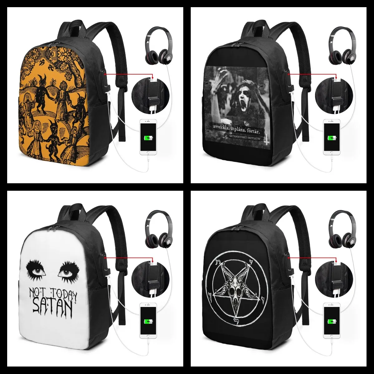 Imagem -02 - Satan Mochila com Dança Usb com o Diabo Volta Pacote Estudante Qualidade Bolsa Universidade Multifunction Homem Women Print Bags