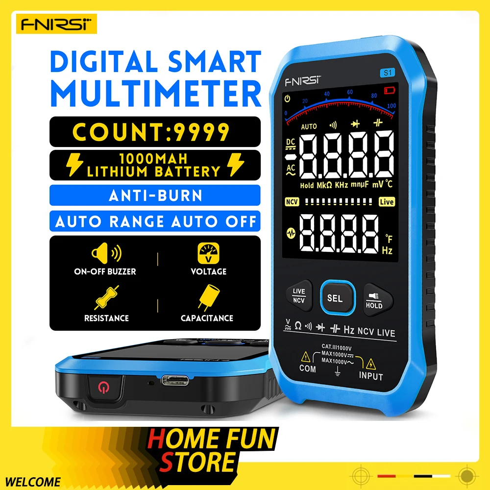 FNIRSI S1 Smart Digital Multimeter 9999counts AC DC Voltage Resistance Capacitance Diode NCV Hz Live Wire Color Display Tester