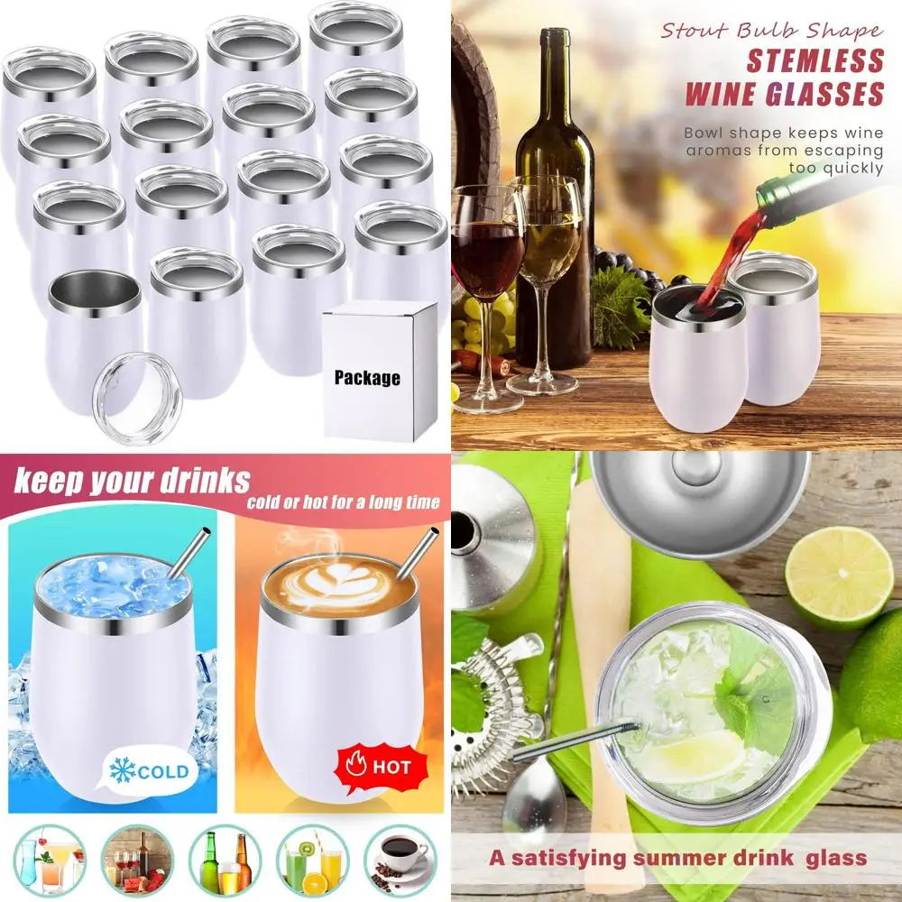 

Set of 16 Insulated 12 oz Stainless Steel Wine Tumblers - Double Wall, Stemless Mugs for Beverages, Outdoor Use (White)