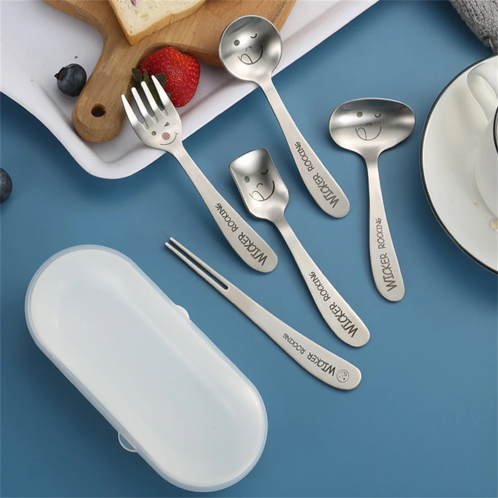 Hanami 304 Stainless Steel Portable Durable Cartoon Household Spoon Feeding Spoon Strong Tableware Fork Smiling Face Spoon