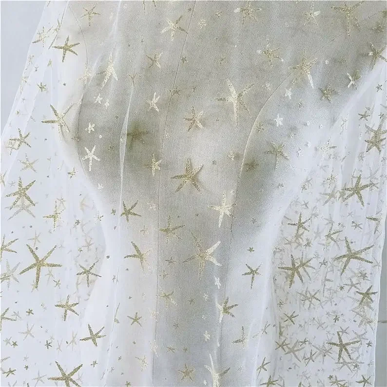 

Gold star sequin Lace fabric Star white tulle fabric For Girl Dress Tutu Dress Wedding Dress Bridal Veil 1 yard