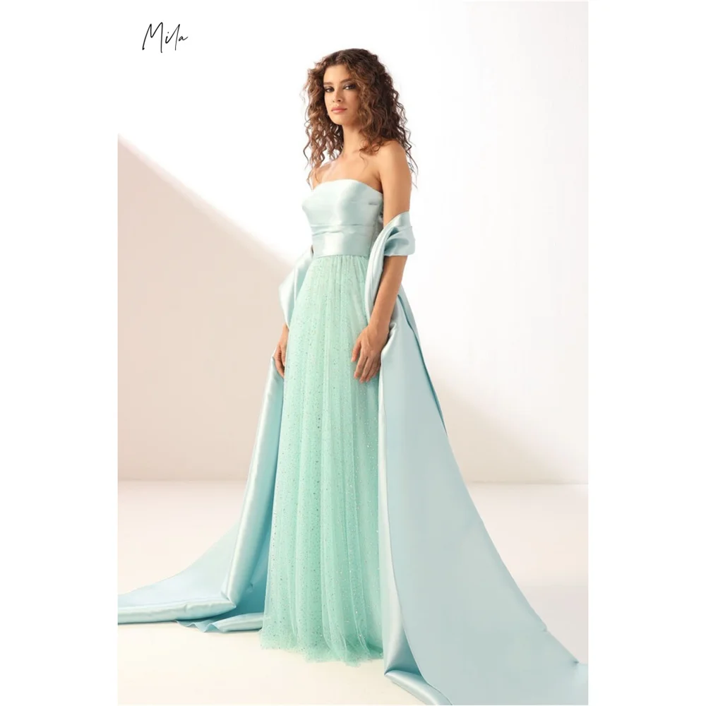 

Mila А-силуэт Блестящие тюлевые платья для выпускного вечера без бретелек без рукавов Индивидуальные вечерние атласные платья со шлейфом Vestidos de fiesta 2025