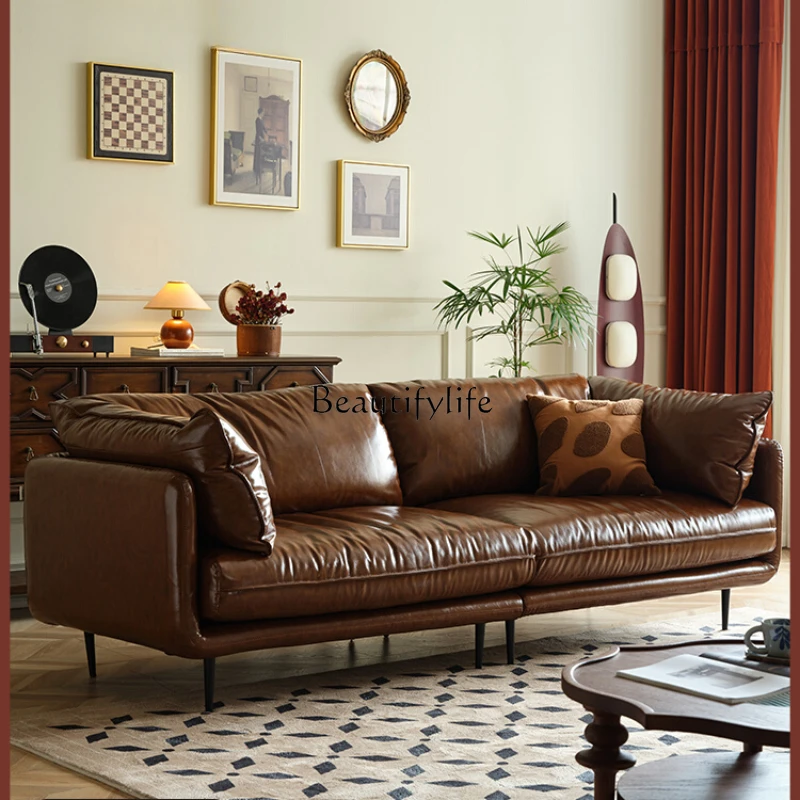 

LD33French Style Vintage Oil Wax Leather Sofa down Living Room Nordic Simple American Sofa Small Apartment