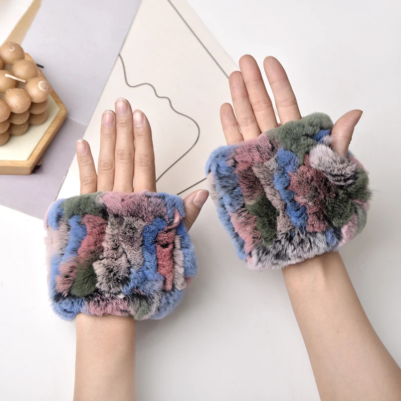 Women's Natural Rex Rabbit Fur Gloves Elastic Knitted Real Fur Mittens Winter Warm Wrist Guards with Exposed Fingers