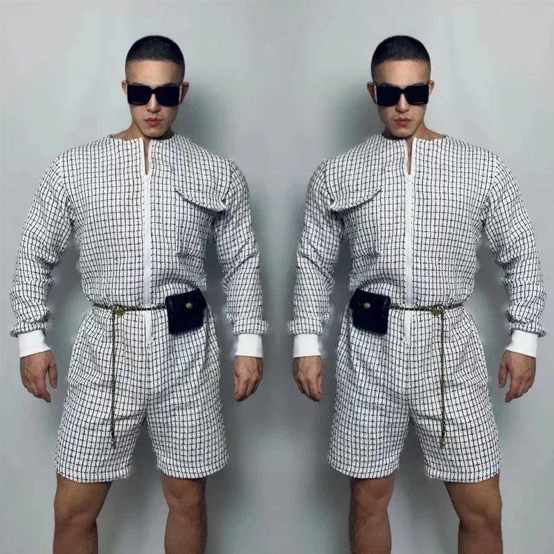 Nova boate dj ds rave outfit gogo trajes branco preto macacão jazz carga macacão masculino hip hop dança desempenho wear