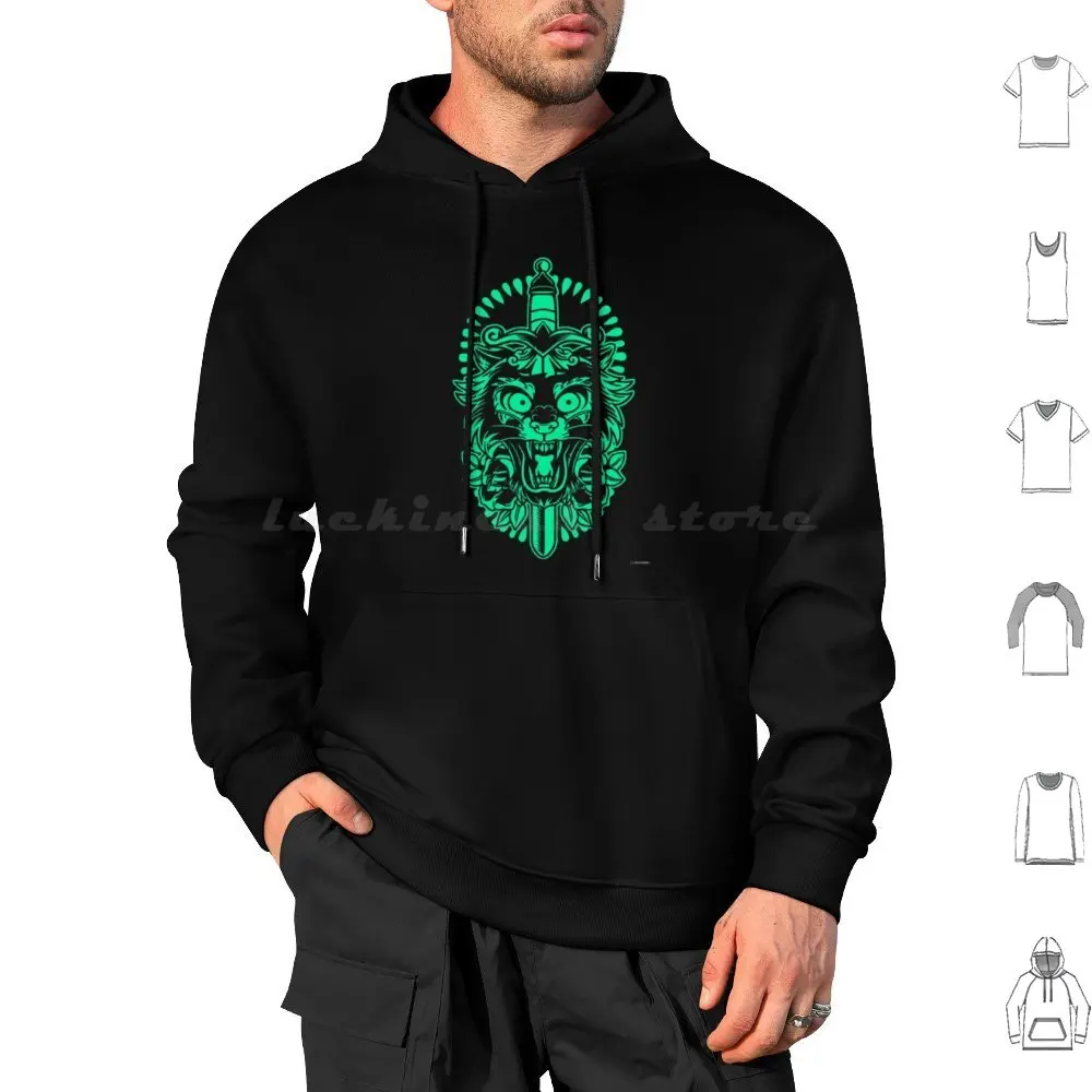 Sword Tiger Hoodies Long Sleeve Tiger Animal Bengal Tiger Cat Nature Retro Lion Striped Wild Karate Forest Green Blood