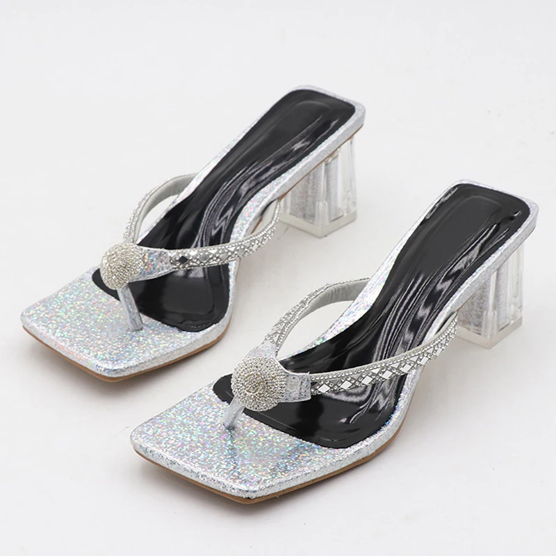 Liyke แฟชั่น Glitter Rhinestones ผู้หญิงโปร่งใสรองเท้าส้นสูงรองเท้าแตะคริสตัลรองเท้าแตะ Flip Flops เปิด Toe