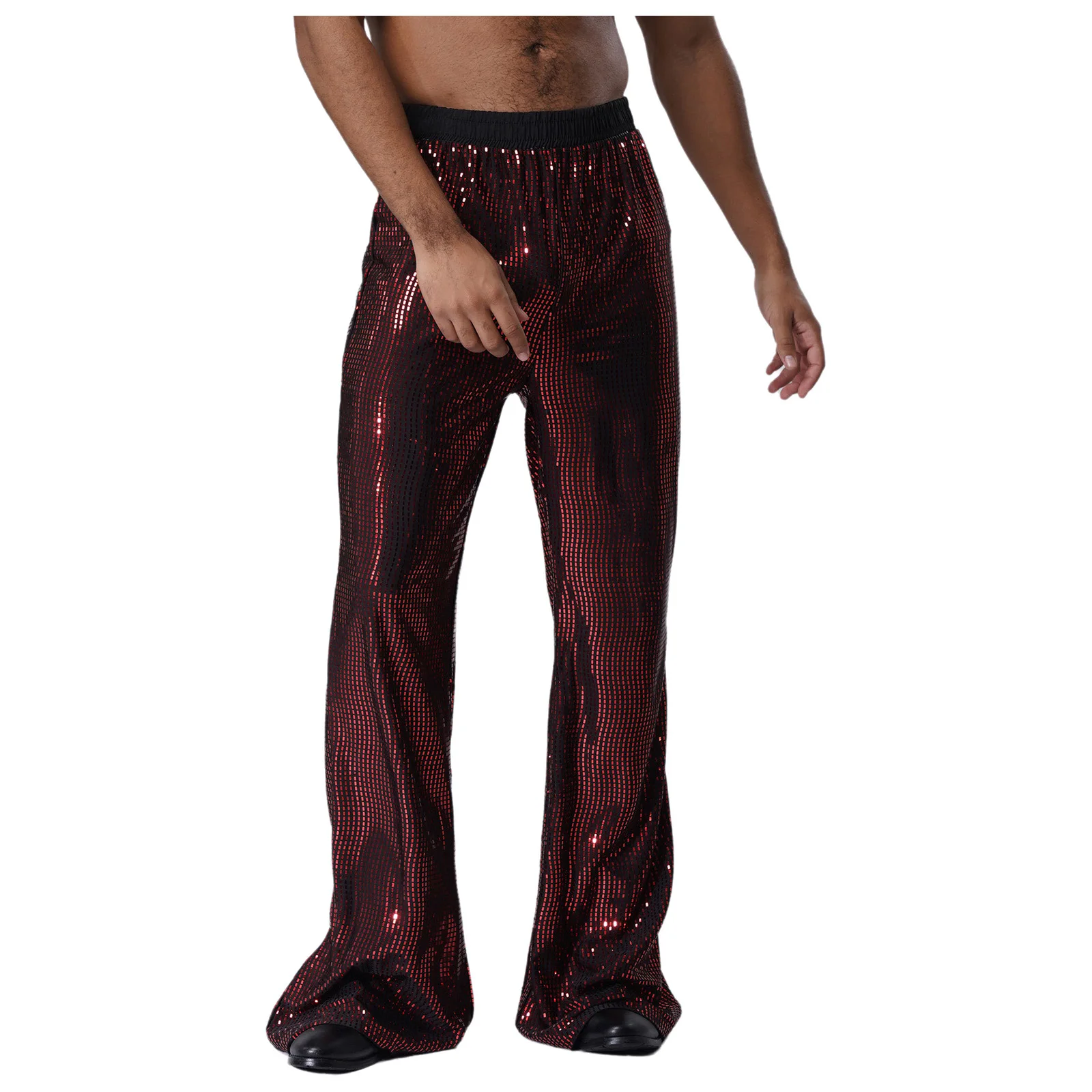 Mens Glittery Sequin Flared Pants Elastic Waist Bell Bottom Long Pants Trousers Clubwear Rock Music Party Jazz Dance Costume