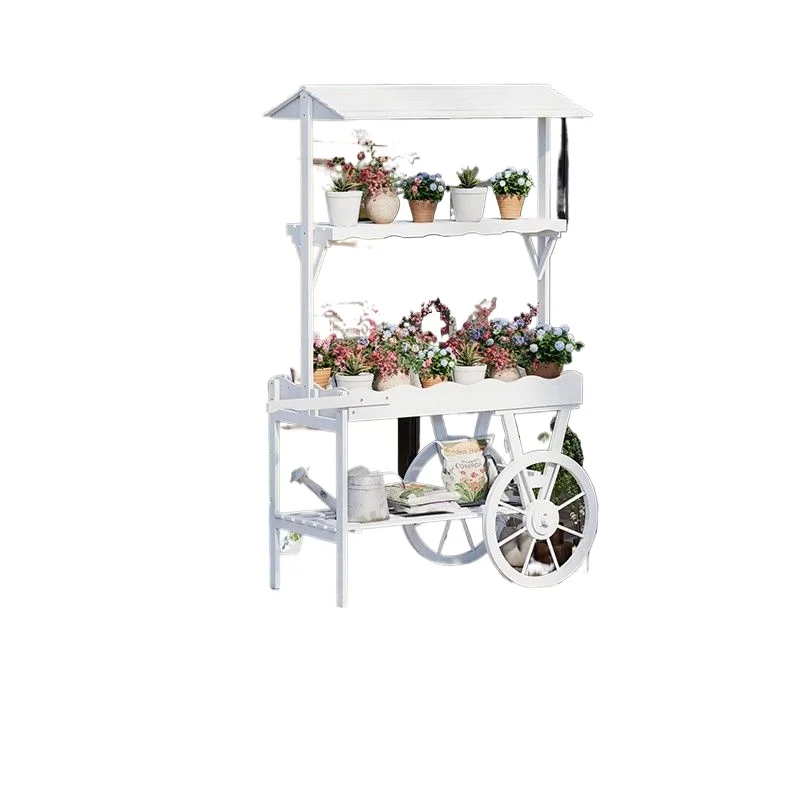 Pastoral flower stand Solid wood cart shelf Balcony storage rack Shopping mall creative promotional car Outdoor decoration large