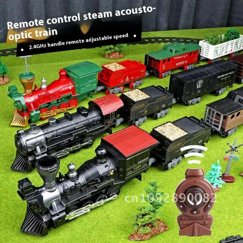 Electric Rail Train for Children Remote Control Smoking 2.4GHz Steam, Christmas and Controller Locomotive Sound Light, Classical