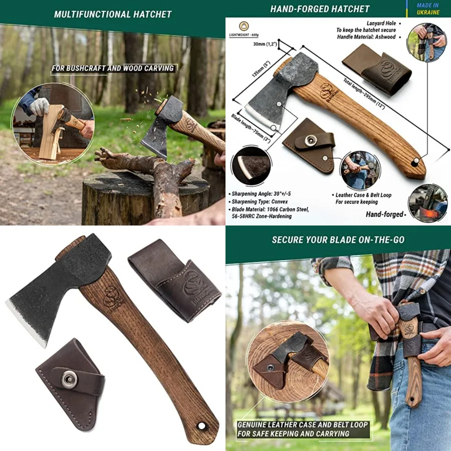 

Wood Carving Axe Hatchet with Sheath AX1 - Forged Axes Bushcraft Hatchet for Camping - Small Forest Axe for Chopping, Splitting