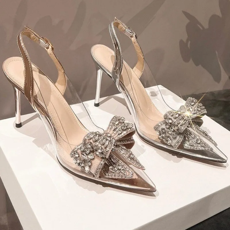 Spring new high-heeled women\'s stiletto pointy crystal rhinestones retro transparent bridal wedding shoes