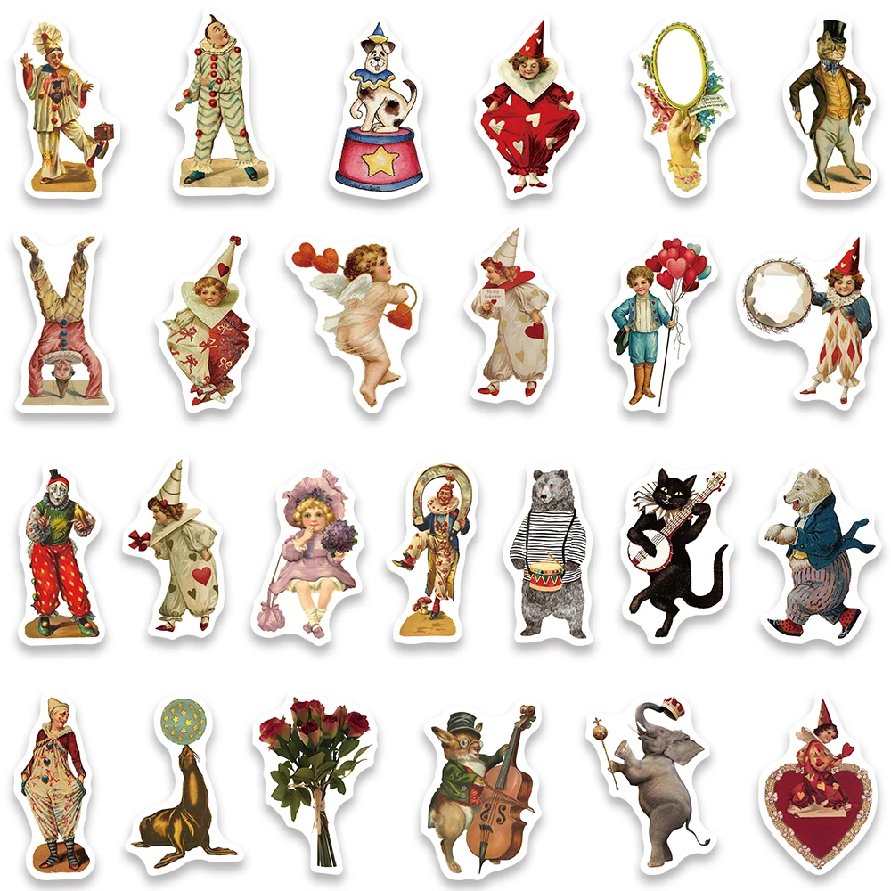 50PCS Vintage Circus Acrobatics Clown Vinyl Stickers Decals for Water Bottle Laptop Skateboard Scrapbook Luggage Kids Toy