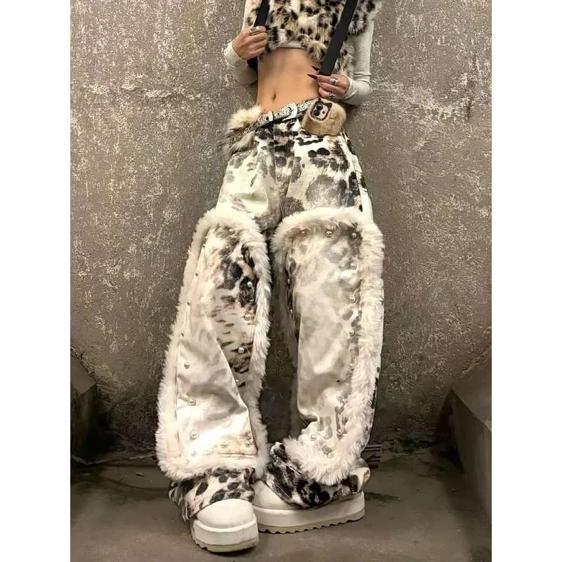 Harajuku Y2k Jeans Patchwork Leopard Print Wide Leg Pants for Women Pantalon Femme Streetwear Straight Fashion Denim Trousers