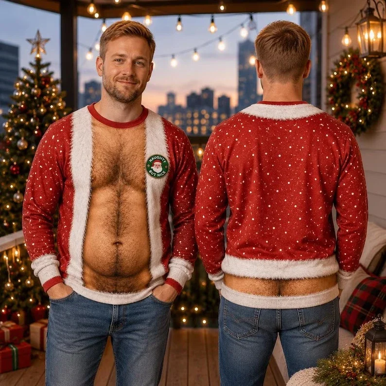 2026 New Santa Hairy Chest Tattoo 3D Illusion Christmas Sweatshirt Novelty Fake Suit Graphic Pullover Unisex Funny Party Tops