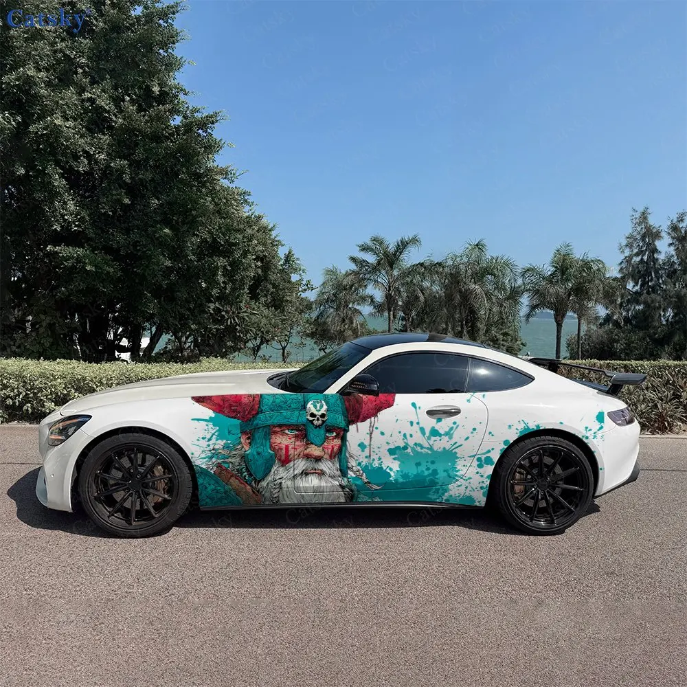 2pcs Artistic Splatter Viking Portrait Car Side Wraps, Self-Adhesive PVC Waterproof & Scratch-Resistant Stickers, Car Accessory