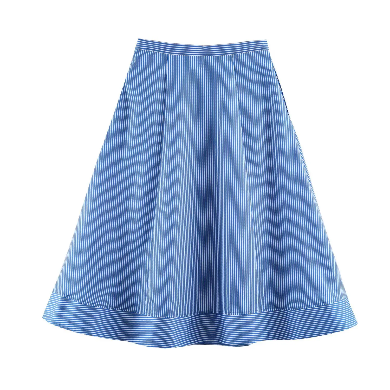Fashion Women Blue White Stripes Midi Skirt Zipper Waist A-lined Swing A-lined Umbrella Skirts Bottom