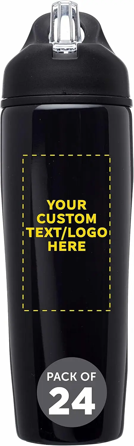 PROMOS Custom Stainless Steel Water Bottle, 24 pack, Personalized Text, Logo, 28.5 oz Metal Sports Bottles with Flip Top, Easy C