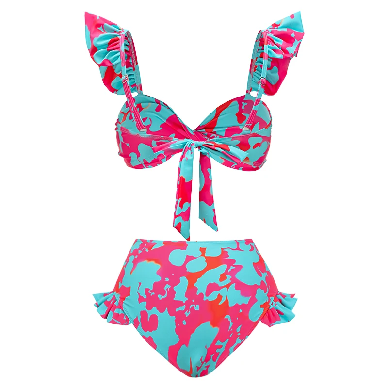 Bikini estampado con volantes y falda para mujer, traje de baño para vacaciones, ropa de playa, liquidación, venta al por mayor, 2024