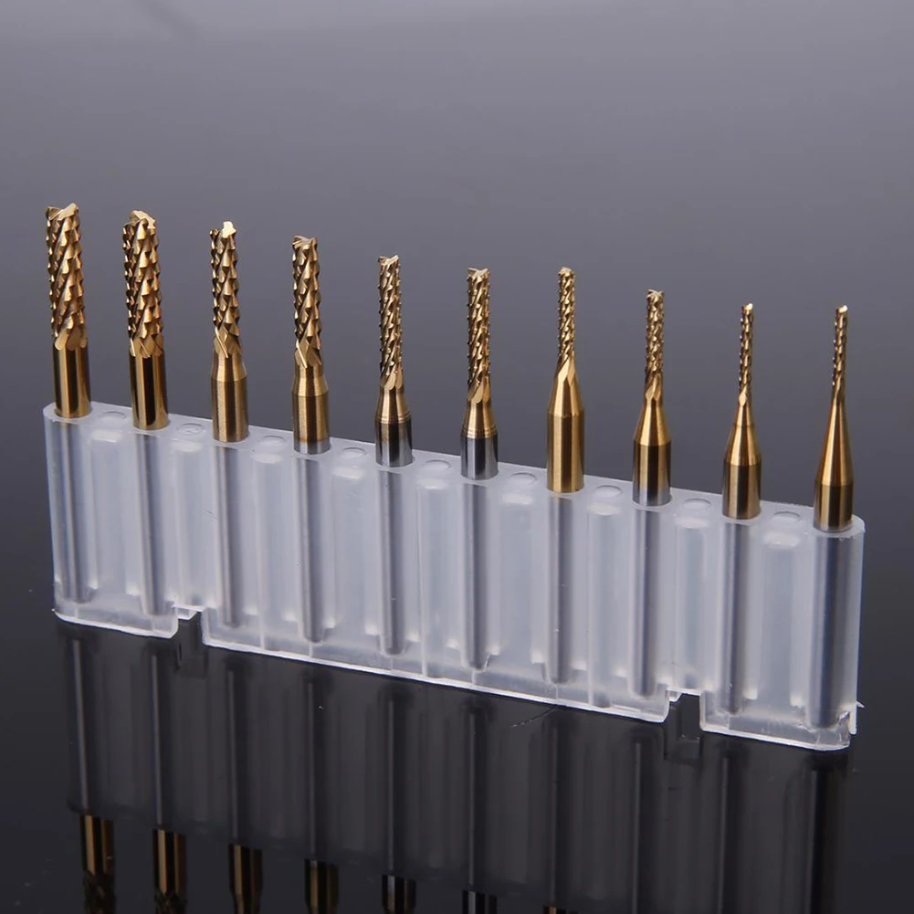 10pcs Carbide End Mill Set 1mm-3mm CNC Router Bits for Metal, PCB, Plastic Milling, 3.175mm Shank, Gold Coated Cutting Edge
