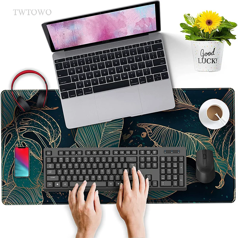 Golden Green Palm Leaves Mouse Pad Gamer XL Large HD Custom Home Mousepad XXL Playmat Carpet Non-Slip Soft Desktop Mouse Pad view 3