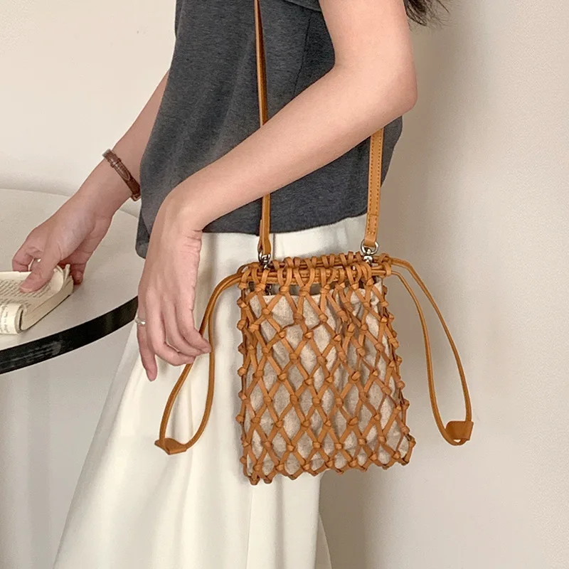 

Genuine Leather Hand-woven Shoulder Bag Trend Retro Hollowed Out Design Drawstring Women's Mesh Lightweight Small Square Bag
