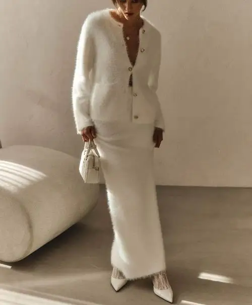 

Осенне-зимний женский элегантный однотонный плюшевый однобортный кардиган с длинными рукавами и комплект облегающей юбки на бедрах