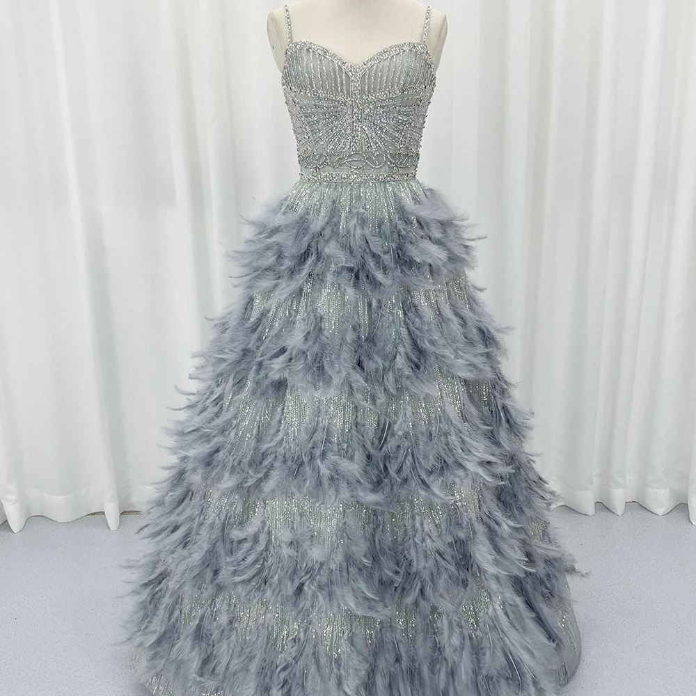 

Luxury Silver Gray Crystal Feathers Dubai Evening Dress For Women Wedding Engagement Party Gowns Hx74