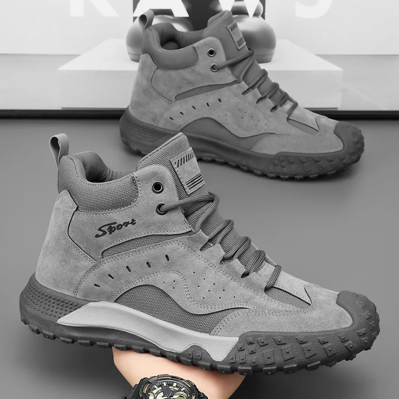 

2025Мужские ботильоны, модные высокие кроссовки, дышащая повседневная обувь, уличная нескользящая походная обувь для мужчин, рабочая защитная обувь