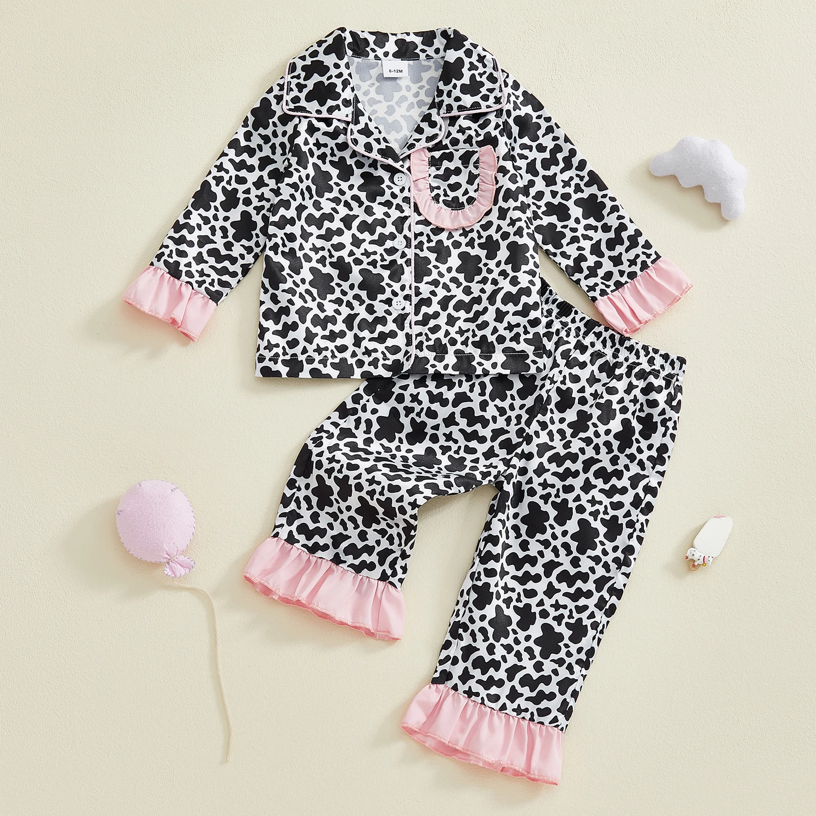 

Toddler Baby Girl Cow Dot Pajama Set Ruffle Trim Long Sleeve Tops and Elastic Waist Pants Two Piece Fall Sleepwear Outfit