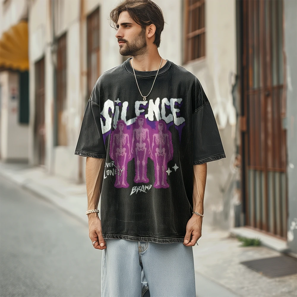 Silence  Men's washed t-shirt Vintage Oversized Hip Hop  Color Contrast Round Neck Chic Tops Harajuku Pullover Clothes Unisex