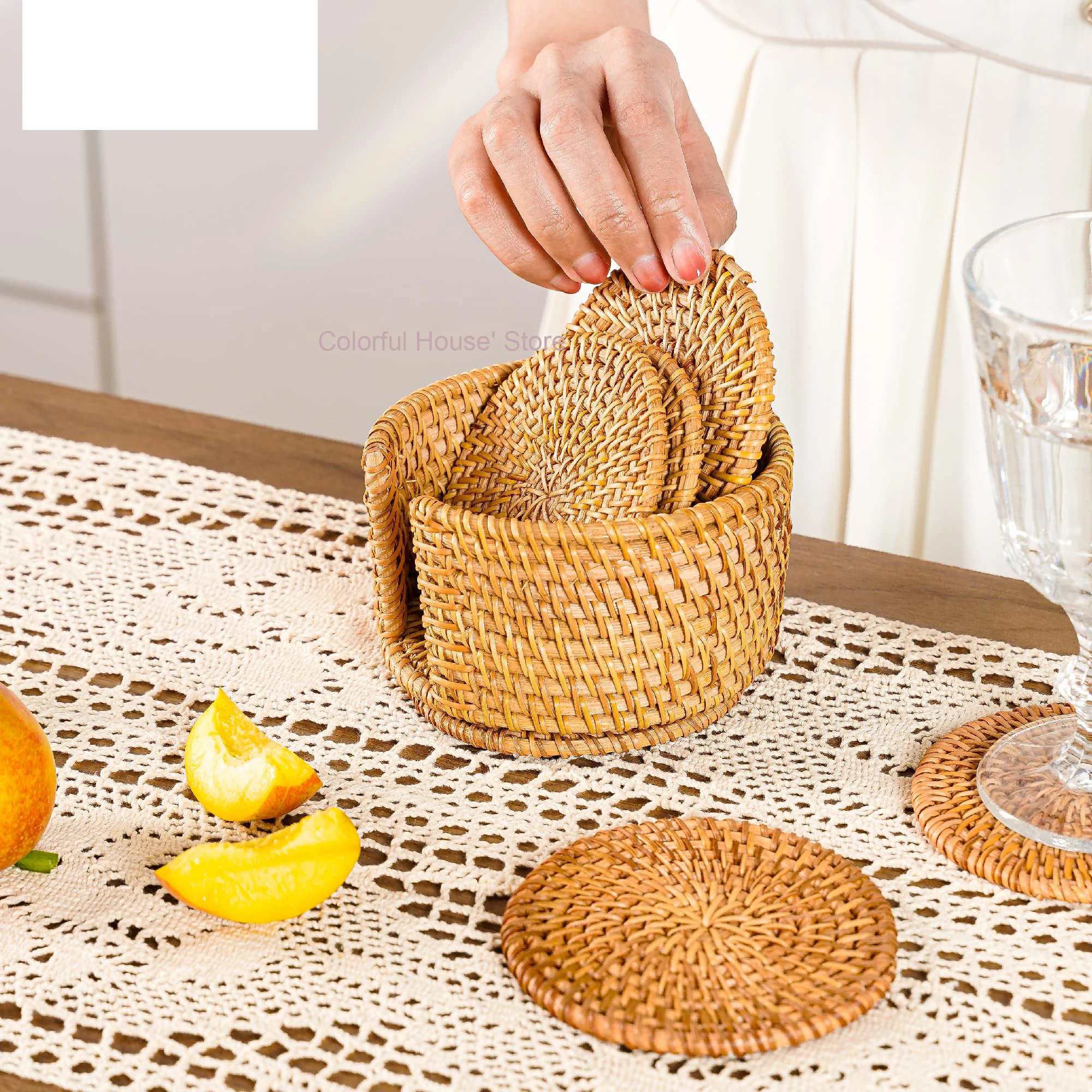 6Pc/set Rattan Coasters Set For Tea Accessories Round Non-Slip Tableware Placemat 10cm Dish Heat Resistant Plate Pads Woven