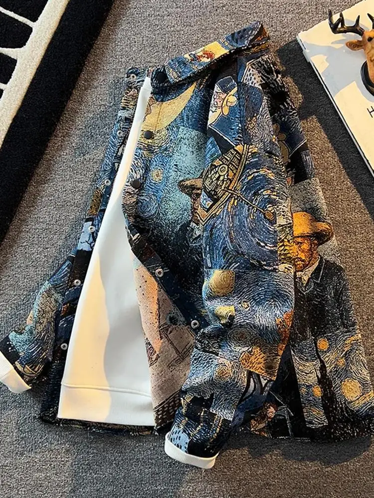 

Vintage Van Gogh Oil Painting Jaet Men's Design American Sle Youth Straight Hemline Long Sve Outerwear Coat