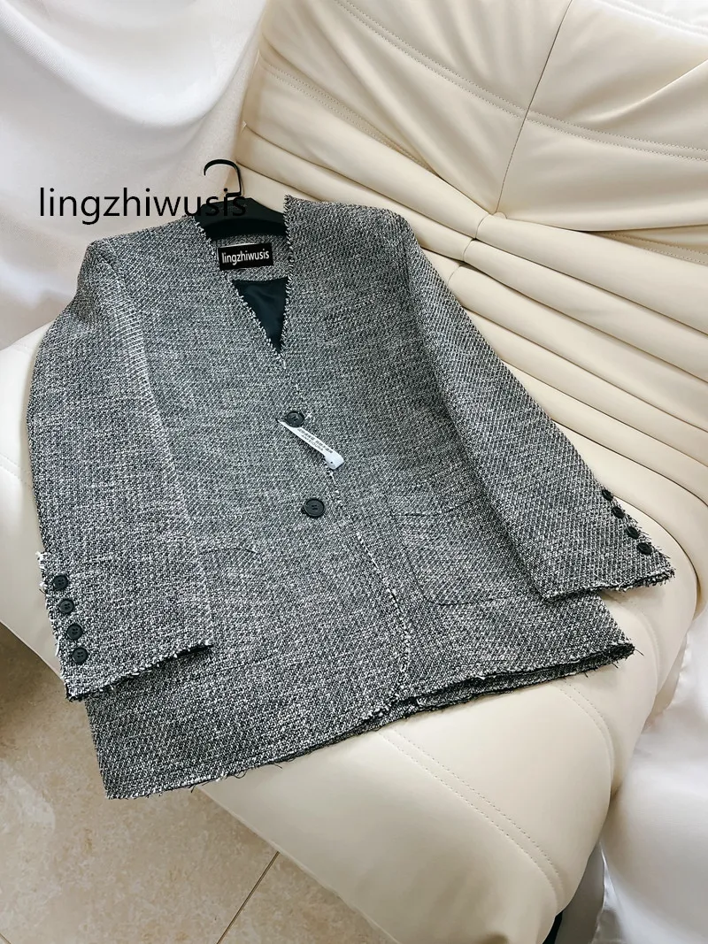 

lingzhiwusis 2024 Spring Blazer Grey Female Casual Top British Top Quality Loose Vintage Outerwear New Arrive